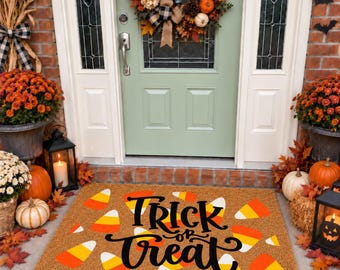 Trick or Treat Doormat | Candy Corn Halloween Doormat | Halloween Welcome Mat | Spooky Season Door Mat | Fall Porch Decor