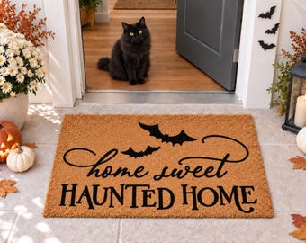 Home Sweet Haunted Home Doormat, Halloween Welcome Mat, Haunted House Bats Fall Front Porch Outdoor Door Mat, Farmhouse Halloween Decor