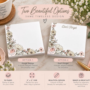 May include: Two square white notepads featuring a floral border with pink and yellow flowers. One notepad is blank, while the other includes the text 'Don't Forget' at the top. The image displays product details including 50 pages and 3 inch by 3 inch size.