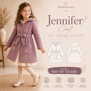 May include: A mauve quilted hooded coat with a tie waist, two front pockets, and gold snowflake embroidery. The image displays the Jennifer Coat PDF sewing pattern by MiniPatternco, including technical line drawings and sizes 6M-10 years.
