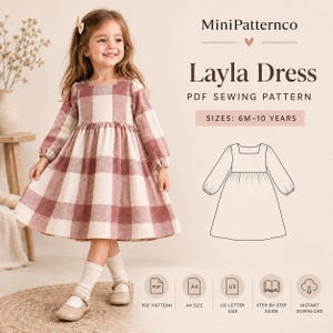 Peut inclure: Un patron de couture PDF pour la robe Layla, disponible en tailles 6 mois à 10 ans. L'image montre un enfant portant une robe à manches longues et encolure carrée à motif à carreaux mauve et crème, avec un croquis du modèle.