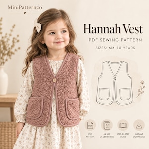 Puede incluir: Un chaleco de forro polar sherpa rosa polvoriento con un botón frontal y dos bolsillos de parche. El texto dice MiniPatternco Hannah Vest PDF SEWING PATTERN SIZES: 6M-10 YEARS. Incluye iconos para patrón PDF, tamaño A4/US, guía y descarga.
