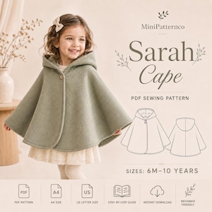 May include: A sage green hooded cape with a single button closure. The text reads MiniPatternco Sarah Cape PDF SEWING PATTERN SIZES: 6M-10 YEARS. Includes icons for PDF pattern, A4 size, US letter size, step-by-step guide, and instant download.