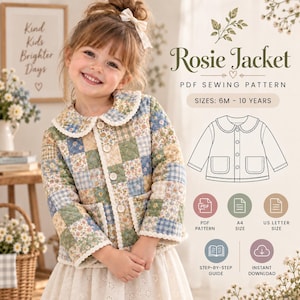 May include: A quilted jacket featuring a patchwork pattern of blue, green, and cream floral and plaid squares. The jacket has a rounded collar with white scalloped trim, long sleeves, and four front buttons. Text reads: Rosie Jacket PDF Sewing Pattern.