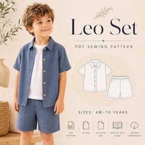 May include: A Leo Set PDF sewing pattern for children aged 6 months to 10 years. The design includes a short-sleeved button-down shirt and matching shorts. The digital file includes A4 and US letter sizes, a step-by-step guide, and instant download.