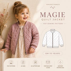 Op de afbeelding: Een PDF-naaipatroon voor een Magie-quiltjas, maten 6 maanden tot 10 jaar. De afbeelding toont een kind in een mauve doorgestikte jas met rits, een technische lijntekening van de jas en iconen voor PDF, A4, US letter, handleiding en download.