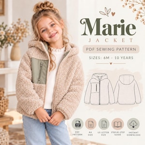 Könnte beinhalten: Eine beige Kapuzenjacke aus Fleece mit einer grünen Reißverschlusstasche auf der Brust. Der Text lautet Marie JACKET PDF SEWING PATTERN SIZES: 6M - 10 YEARS. Enthält Strichzeichnungen der Vorder- und Rückseite sowie Symbole für PDF, A4, US Letter, Anleitung und Download.