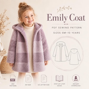Op de afbeelding: Een PDF-naaipatroon voor de Emily-jas, beschikbaar in de maten 6 maanden tot 10 jaar. De afbeelding toont een kind in een paarse imitatiebontjas met capuchon, inclusief een technische lijntekening en iconen voor PDF, A4, handleiding en download.