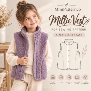 Könnte beinhalten: Eine violette Weste aus Sherpa-Fleece mit Stehkragen und Druckknopfverschluss. Das Bild enthält den Text MiniPatternco Millie Vest PDF SEWING PATTERN SIZES: 6M-10 YEARS, eine Strichzeichnung der Weste sowie Symbole für PDF, A4, US Letter, Anleitung und Download.