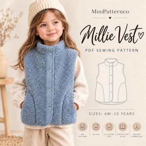 Puede incluir: Un chaleco de forro polar sherpa azul con cuello alzado y cierre de botones a presión. El texto dice MiniPatternco Millie Vest PDF SEWING PATTERN, SIZES: 6M-10 YEARS. Incluye iconos para patrón PDF, tamaño A4, tamaño carta US, guía y descarga.