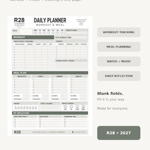 May include: A daily planner page titled R28 Workout & Meal with sections for date, weekly checkboxes, workout logs for resistance and cardio, meal planning for breakfast, lunch, dinner, and snacks, water intake, mood tracking, and daily reflection.