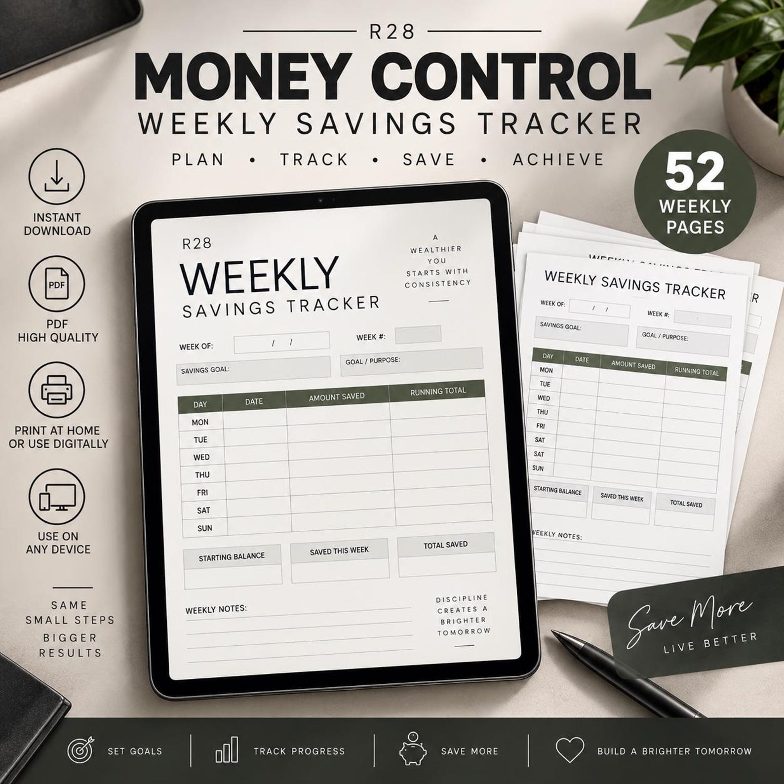 Money Control Weekly Savings Tracker | Savings Planner | Budget & Money ...