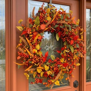 Peut inclure: Une couronne d'automne circulaire composée d'un arrangement dense de baies rouges vibrantes, de feuillage orange et jaune, et de tiges texturées rappelant le blé. La couronne est formée d'un mélange de feuilles aux tons chauds et de baies.