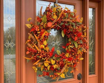 Fall Berry Wreath for Front Door, Autumn Wreath, Fall Foliage Door Decor, Harvest Wreath, Thanksgiving Home Decor, Rustic Front Door Wreath