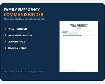 Family Emergency Binder Printable | Medical Info, Contacts & Evacuation Plan (30-Page PDF)