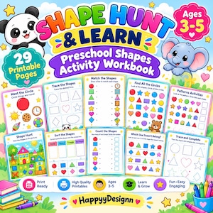 Könnte beinhalten: Ein buntes Vorschul-Arbeitsheft für Formen mit dem Titel Shape Hunt & Learn mit 29 druckbaren Seiten für 3- bis 5-Jährige. Das Cover zeigt einen Panda, einen Elefanten und verschiedene pädagogische Arbeitsblätter zum Nachspuren und Zählen.