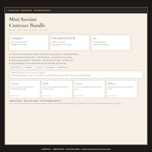 May include: A digital Mini Session Contract Bundle template featuring five documents including a client contract, intake form, invoice, print release, and model release. The layout includes text boxes for fill-in information and usage instructions.