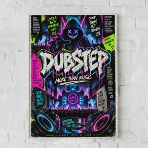 Może przedstawiać: Prostokątny plakat przedstawiający postać w kapturze ze świecącą neonową maską nad napisem DUBSTEP MORE THAN MUSIC. Projekt zawiera duże głośniki, scenę koncertową oraz różne hasła, takie jak LOUDER BASS i BRIGHTER DAYS w neonowych kolorach.