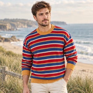 May include: A long-sleeved crew-neck jumper featuring horizontal stripes in red, blue, and mustard yellow. The garment has a solid mustard yellow ribbed collar, cuffs, and hem, paired with light-coloured trousers in a casual outdoor setting.