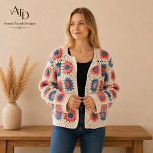Handmade Crochet Granny Square Jacket Women Colorful Boho Cardigan Sweater