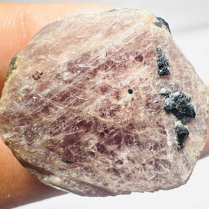 May include: A raw, translucent, light pinkish-brown gemstone with a faceted, irregular surface texture. The stone features visible internal crystalline structures and several small, dark black mineral inclusions embedded on the right side.