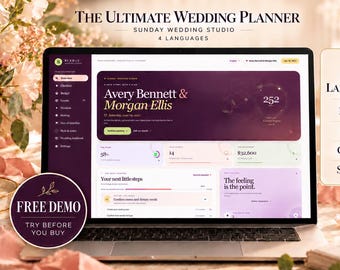 Planificador de bodas interactivo, control de presupuesto, lista de invitados, plano de asientos (4 idiomas)
