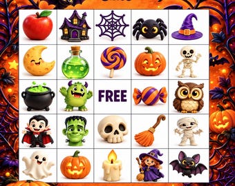 Juego de bingo de Halloween imprimible: 12 tarjetas únicas, 25 recortes de imágenes, archivos PDF en tamaño A4 y Carta estadounidense.