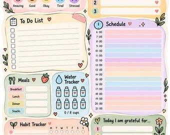 Planificador diario imprimible en PDF / Estilo pastel, lista de tareas, registro de hábitos (descarga digital)