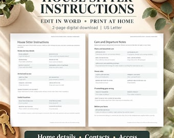 Instrucciones para el cuidador de la casa / Plantilla de Word editable, notas sobre el cuidado del hogar y las plantas / Documento DOCX imprimible de 2 páginas