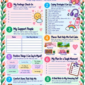May include: A colorful educational worksheet titled My Calm, Safe and Happy Plan, featuring eight numbered sections for emotional regulation. It includes prompts for feelings, coping strategies, support people, safe places, and positive affirmations.