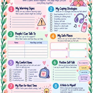 May include: A printable mental health worksheet titled I Am Prepared, featuring eight numbered sections for tracking warning signs, coping strategies, support contacts, safe places, comfort items, positive self-talk, and personal notes.