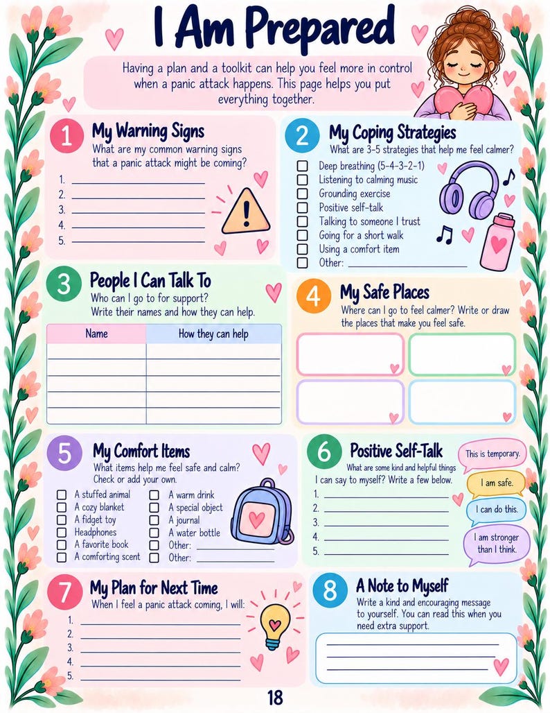 May include: A printable mental health worksheet titled I Am Prepared, featuring eight numbered sections for tracking warning signs, coping strategies, support contacts, safe places, comfort items, positive self-talk, and personal notes.