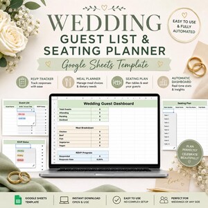 May include: A digital wedding guest list and seating planner Google Sheets template displayed on a laptop screen. The interface features a dashboard with RSVP tracking, meal planning, and seating arrangement tools, surrounded by floral accents.