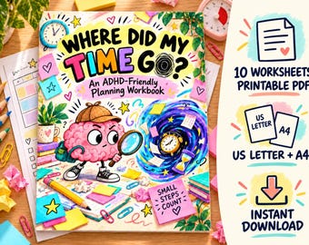 Cuaderno de ejercicios para la gestión del tiempo en personas con TDAH, hojas de trabajo imprimibles para concentrarse (tamaño carta estadounidense + PDF A4)