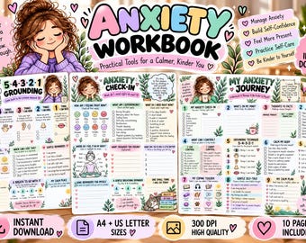 Cuaderno de ejercicios para la ansiedad (imprimible) / 10 hojas de trabajo para adultos (descarga digital)