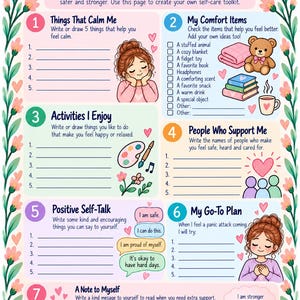 May include: A My Self-Care Toolkit worksheet featuring seven numbered sections for personal reflection. The page includes illustrations of a person, a teddy bear, books, a mug, a paint palette, and hearts, framed by floral vines on the left and right sides.