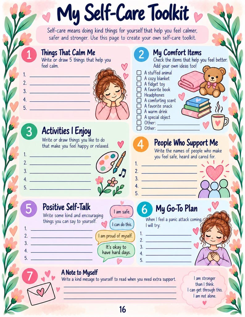 May include: A My Self-Care Toolkit worksheet featuring seven numbered sections for personal reflection. The page includes illustrations of a person, a teddy bear, books, a mug, a paint palette, and hearts, framed by floral vines on the left and right sides.