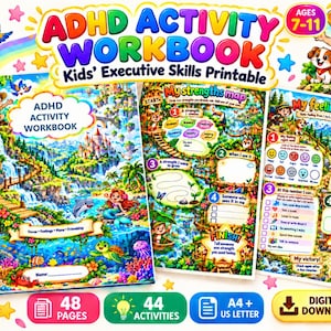Könnte beinhalten: Ein ADHS-Aktivitätsarbeitsbuch für Kinder im Alter von 7-11 Jahren mit farbenfrohen Illustrationen einer Fantasielandschaft, einer Meerjungfrau und Tieren. Die druckbaren Seiten enthalten eine Stärken-Karte und einen Gefühls-Meter, 48 Seiten, 44 Aktivitäten.