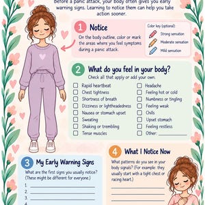 May include: A My Body Signals worksheet featuring a cartoon character in a lavender outfit, a body outline for marking symptoms, a checklist of physical sensations, and sections for identifying early warning signs and patterns with floral borders.