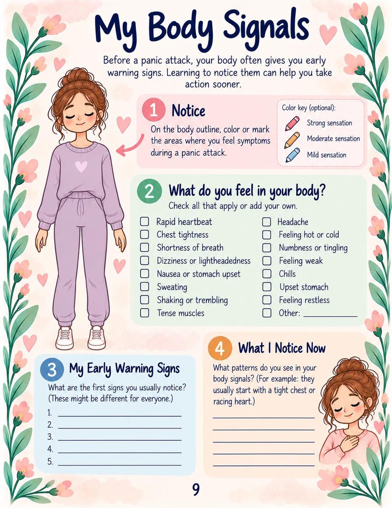 May include: A My Body Signals worksheet featuring a cartoon character in a lavender outfit, a body outline for marking symptoms, a checklist of physical sensations, and sections for identifying early warning signs and patterns with floral borders.