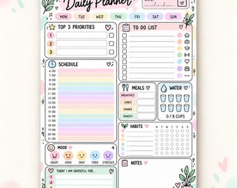 Planificador diario en formato PDF con diseños pastel / Lista de tareas, seguimiento de hábitos y estado de ánimo (A4/Carta estadounidense)
