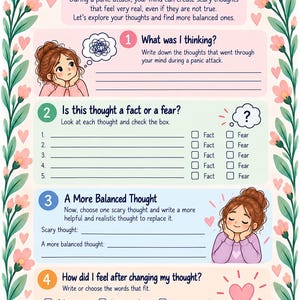 May include: A mental health worksheet titled My Thoughts in Panic with floral borders. It features four numbered sections for tracking thoughts, distinguishing facts from fears, creating balanced thoughts, and recording feelings with illustrations of a person.