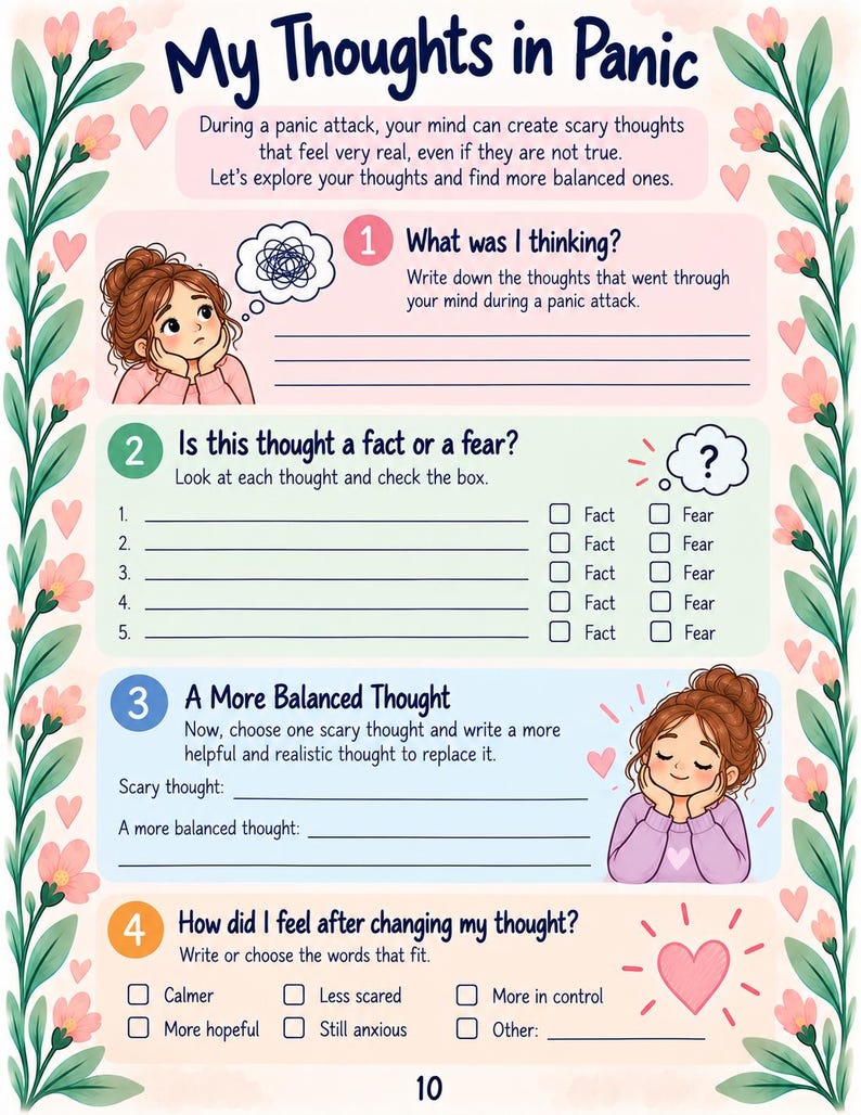 May include: A mental health worksheet titled My Thoughts in Panic with floral borders. It features four numbered sections for tracking thoughts, distinguishing facts from fears, creating balanced thoughts, and recording feelings with illustrations of a person.
