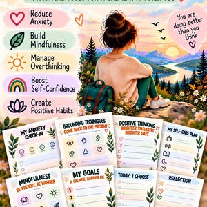 Puede incluir: Un libro de ejercicios de ansiedad de 30 páginas con una portada de paisaje al atardecer. Incluye secciones para control de ansiedad, técnicas de conexión a tierra, pensamiento positivo, plan de autocuidado, metas y reflexión.