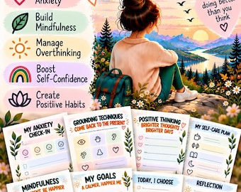 May include: An Anxiety Workbook with 30 pages featuring a sunset landscape cover. Includes sections for My Anxiety Check-In, Grounding Techniques, Positive Thinking, My Self-Care Plan, Mindfulness, My Goals, Today I Choose, and Reflection.