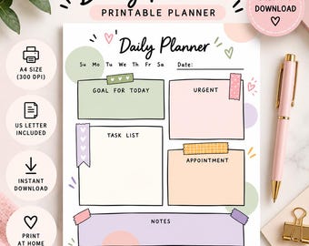 Planificador diario imprimible, tamaño A4 (Carta estadounidense), horario de productividad (descarga instantánea)