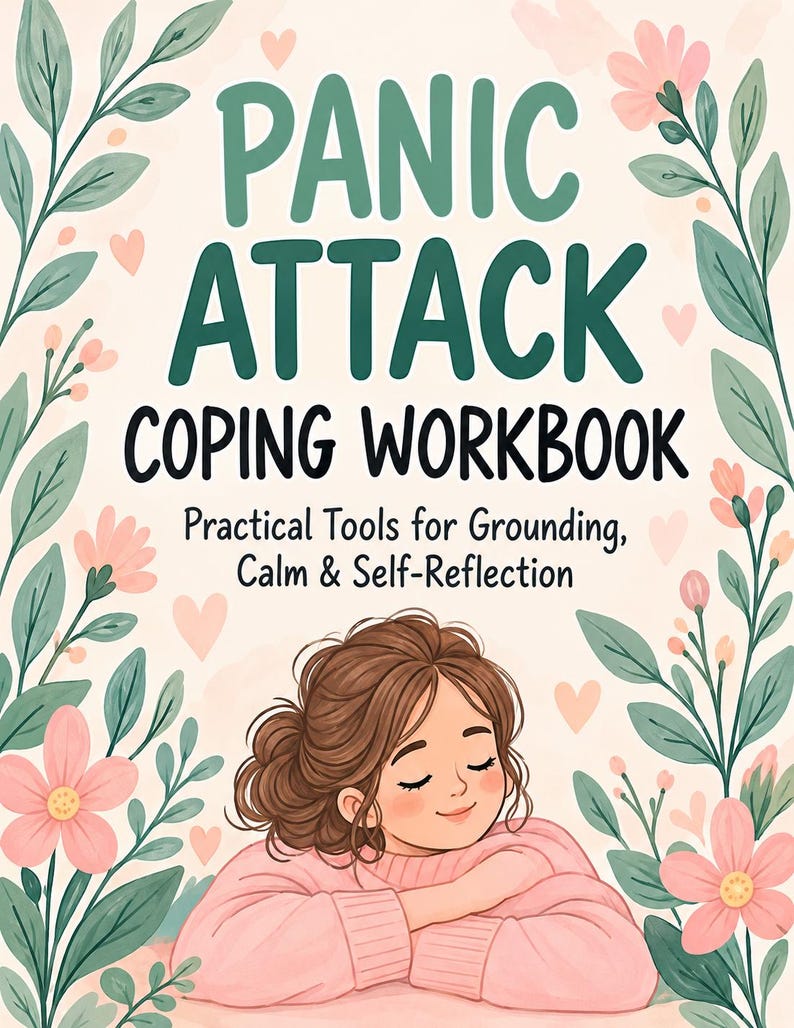 May include: A workbook titled Panic Attack Coping Workbook: Practical Tools for Grounding, Calm & Self-Reflection. The cover features a person with brown hair in a pink sweater, surrounded by a border of green leaves and pink flowers on cream.