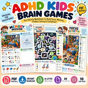 Utskrivbara hjärnspel för barn med ADHD | 10 fokus- och minnesaktiviteter (PDF-nedladdning)
