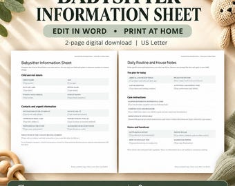 Hoja informativa para niñeras / Plantilla editable en Word, contactos de emergencia y rutina diaria / Documento DOCX imprimible de 2 páginas