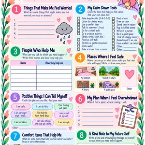 May include: A colorful mental health worksheet titled My Calm, Happy & Brave Me, featuring eight numbered sections for self-reflection, including lists for calm-down tools, safe places, and positive affirmations, decorated with floral borders and hearts.